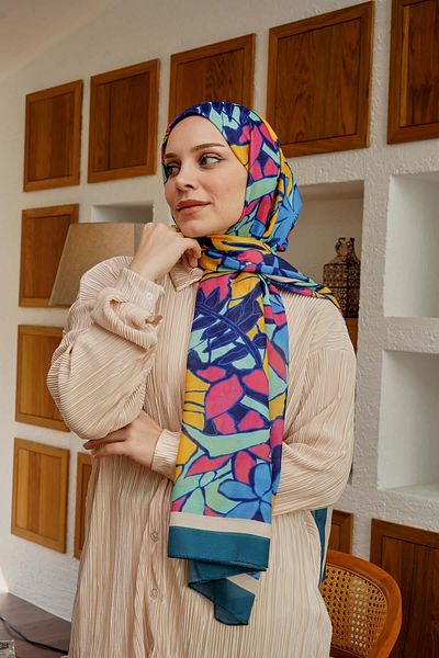 AFVENTE Şal albastru din bumbac moale cu model de flori