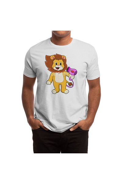 Fizello Men's and Women's White T-Shirt - Lion with Hair Dryer Unisex Design
