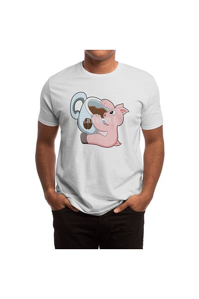 Fizello Ανδρικό και γυναικείο Unisex Λευκό T-Shirt - Pig With Cup Of Coffee Σχέδιο