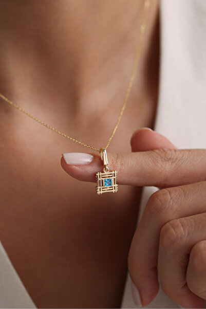 Gianfranco 14 Ayar Altın Mavi Taşlı Örgü Çerçeve Kilitli Charm Kolye Ucu