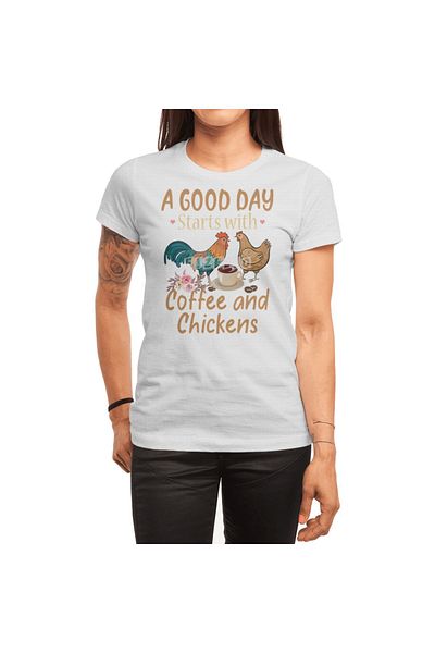 Fizello Chicken Cock Μια καλή μέρα ξεκινά με καφέ και κοτόπουλα Funny Chicken, Unisex λευκό μπλουζάκι