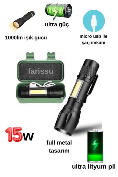 farissu 15w 1000 Lümen Mini Zomlu Flaşörlü Ful Metal Suya Karşı Dayanıklı El ...