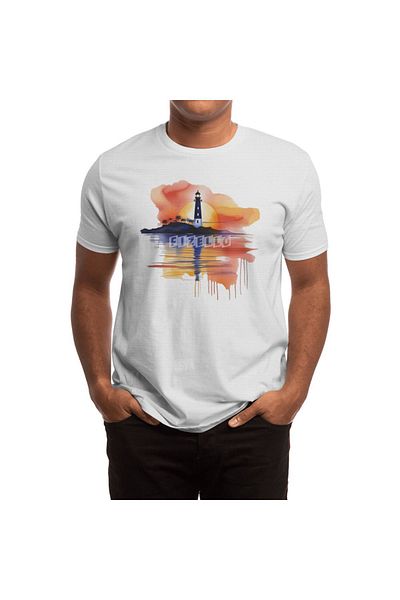 Fizello Λευκό μπλουζάκι Unisex - Ανοιχτό μπλε Lighthouse Scene Watercolor