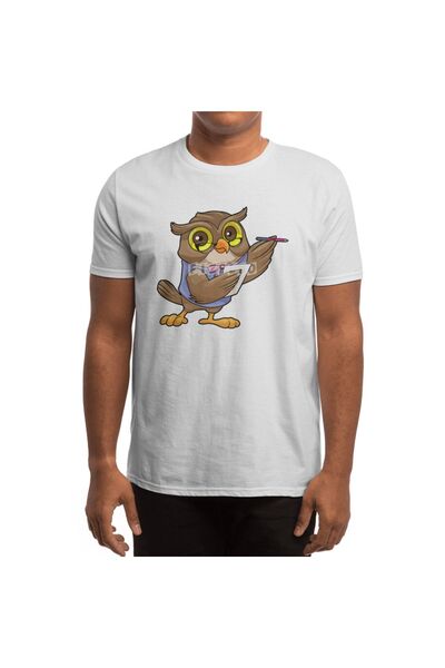 Fizello Men's and Women's White T-Shirt - Owl Secretary, Ballpoint Pen and Noteler