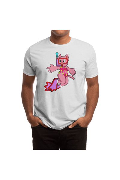 Fizello Men's and Women's White Unisex T-Shirt - Cat at Swimming with Swimming Goggles Design