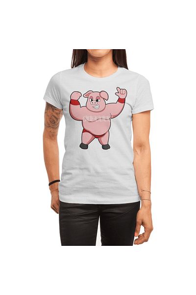 Fizello Λευκό μπλουζάκι για άνδρες και γυναίκες - Pig As Bodybuilder, Σχέδιο Big Belly