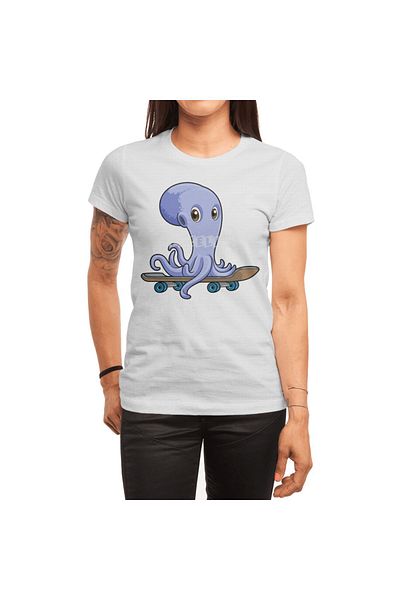 Fizello Octopus Skater - Λευκό μπλουζάκι για άνδρες και γυναίκες, Unisex Skateboard Decorasi