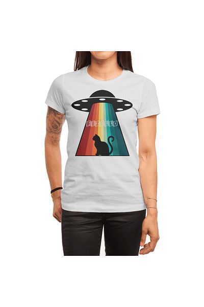 Fizello Λευκό μπλουζάκι για άνδρες και γυναίκες - Unisex μπλουζάκι Alien & Cat Retro Rays