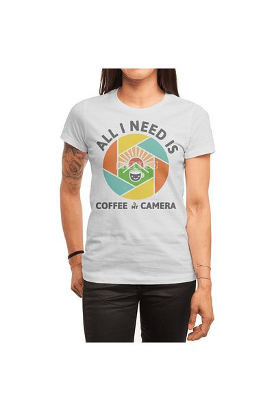 Fizello Λευκό μπλουζάκι Unisex - Όλα I Need Coffee And My Camera
