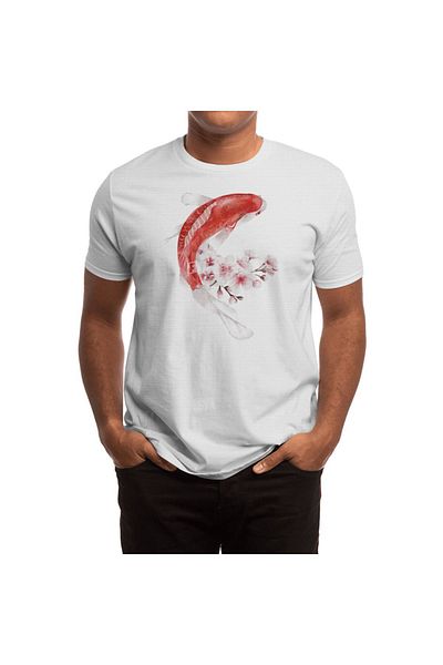 Fizello Tricou alb unisex pentru bărbați și femei - model Koi Fish and Cherry Blossoms