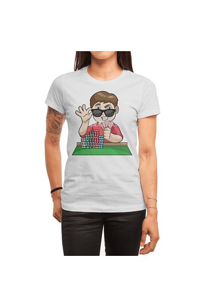 Fizello Men's and Women's Playing Poker White T-Shirt - Sunglasses Detailed