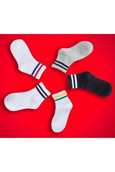 Çorabistaan 5 Çift Beyaz Yarım Konç Çok Renkli Çizgili Desenli Unisex Kolej T...