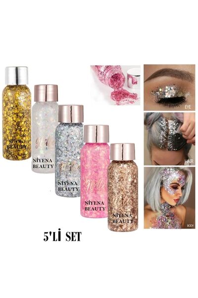 NİYENABEAUTY Jel Formlu Parlak Glitter Face Makeup & Body & Hair 5 Li Set