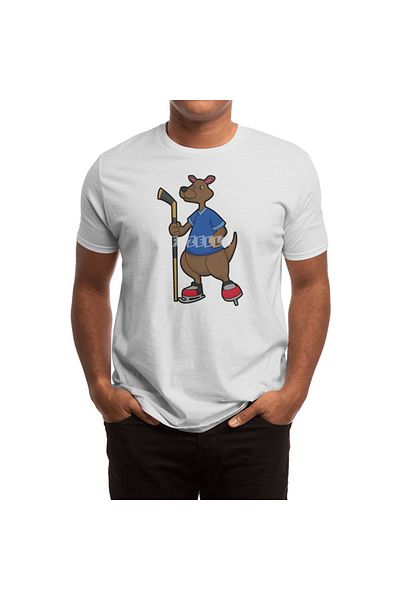 Fizello White T-Shirt for Men and Women - Kangaroo at Ice Hockey, Ice Hockey Stick Pattern