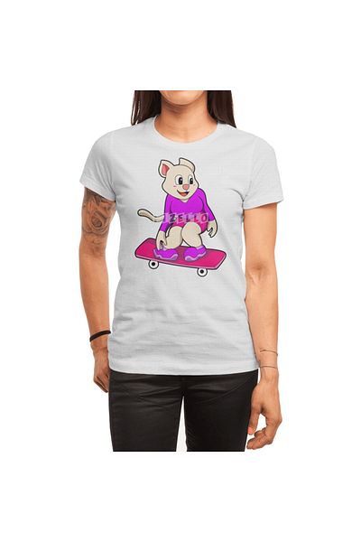 Fizello Λευκό μπλουζάκι για άνδρες και γυναίκες - Cat As Skater με λεπτομέρεια Skateboard