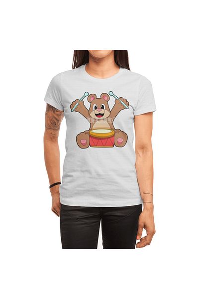 Fizello Ανδρικό και γυναικείο λευκό μπλουζάκι - Bear At Music With Drum Unisex Design
