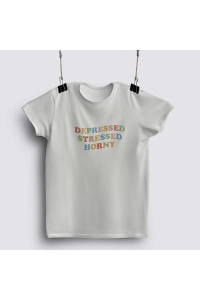 Fizello Tricou Depressed Stressed Horny pentru bărbați și femei - Tricou alb unisex