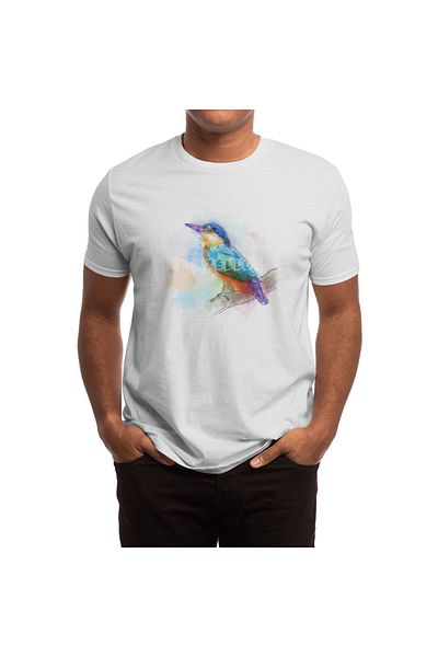Fizello Unisex Λευκό T-shirt για άνδρες και γυναίκες - Πολύχρωμο Kingfish Bird, σχέδιο ακουαρέλας