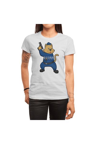 Fizello Tricou alb unisex pentru bărbați și femei - Cat As Police Officer With Gun
