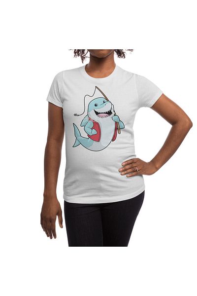 Fizello Tricou alb pentru bărbați și femei - Shark At Fishing With Fishing Rod Pattern