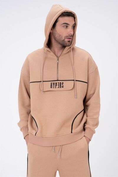 HYPERS Biyeli Nakışlı Bej Kapüşonlu Oversize Sweatshirt