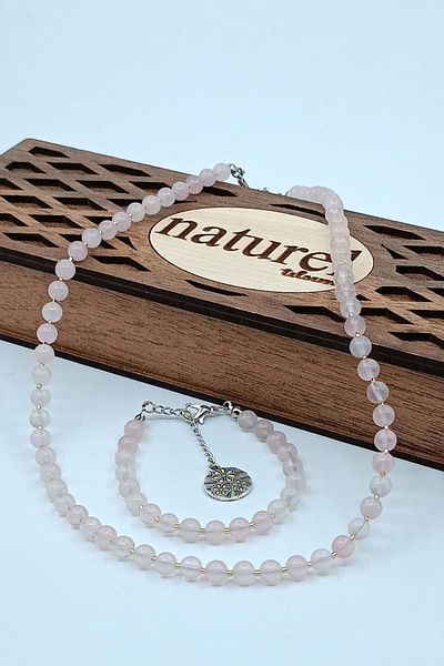 Naturel Tılsım Pink Quartz Natural Stone Bracelet Necklace Set