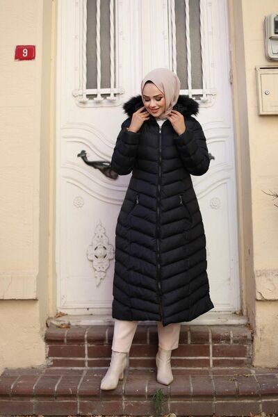 HARMAN BUTİK Γυναικείο Φουσκωτό Παλτό με Τσέπες και Κουκούλα - Φερμουάρ