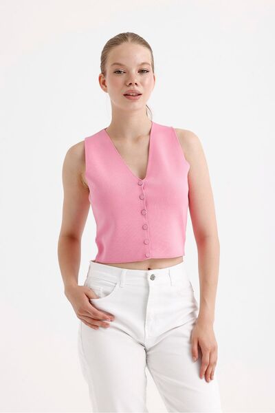 fujya Women's V-Neck Pink Knitwear Vest with Snap Fasteners