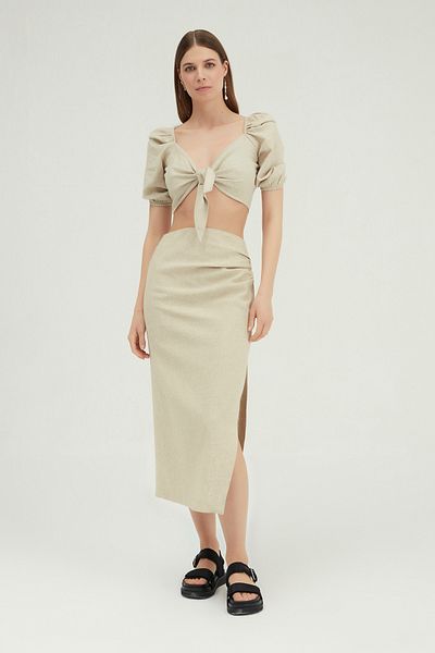 Quzu Slit Linen Midi Skirt Natural