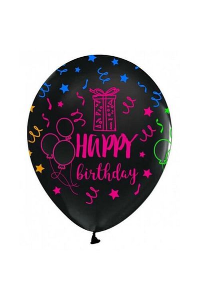 asöy Black Fluorescent 10 Pieces Happy Birthday Printed Balloon
