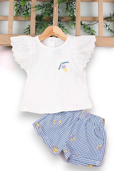 Ege Bebek Floral Printed Viscose Shirt Collar Blouse and Belted Shorts Set for Girl