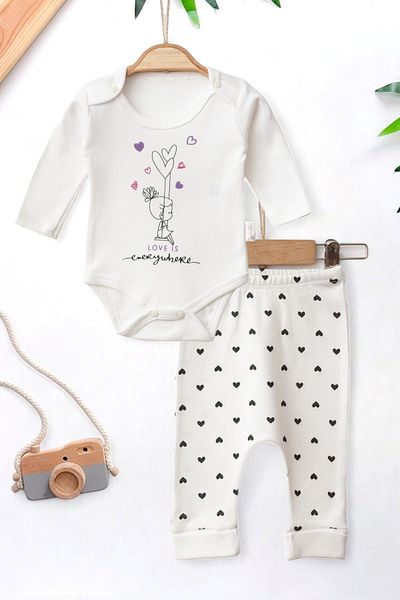 Ege Bebek Natural Cotton Heart Patterned Baby Set for 0-9 Months Baby Girl - Badi and Bottom with Snap Fasteners