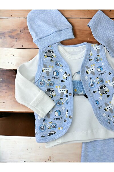 Ege Bebek Erkek Bebek Nakışlı, Yelekli, Önlüklü, Şapkalı, Kendinden Eldivenli 5 Parça Hastane Çıkışı Zıbın Set