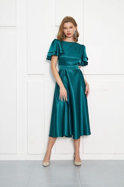 ESSEDRESS LİSA Kadın Saten Zümrüt Yeşili Abiye
