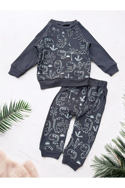 Ege Bebek Baby Boy Set Seasonal Long Sleeve Crew Neck Dinosaur Printed Corduroy Top and Bottom Baby Set