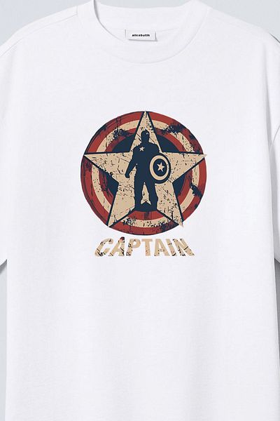Alice Butik Captain America Marvel Large Printed Oversize Unisex Λευκό T-Shirt