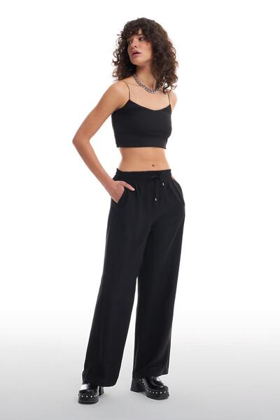 Quzu Beli Lastikli Bol Paça Pantolon Siyah