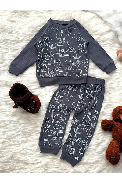 Egelite Baby Boy Set Seasonal Long Sleeve Crew Neck Dinosaur Printed Corduroy Top and Bottom Baby Set