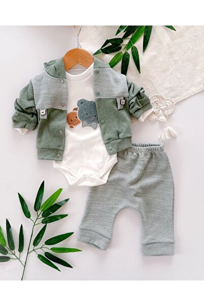 Genel Markalar Erkek Bebek 3'lü Mevsimlik Kapüşonlu Ayı Detaylı Şirin 3 Parça...