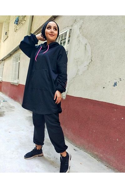 CNG MODA Hijab Black Pink Highlighter Tracksuit Set