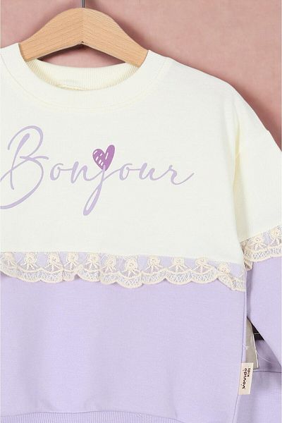 voyyo kids baby Girl's Bonjour Printed Oversize Lace Laced Tracksuit Set 3-4-5-6 Years
