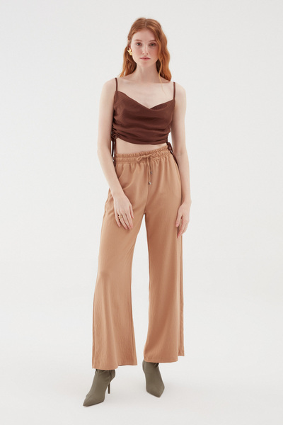 Quzu Elastic Waist Wide Leg Trousers Beige