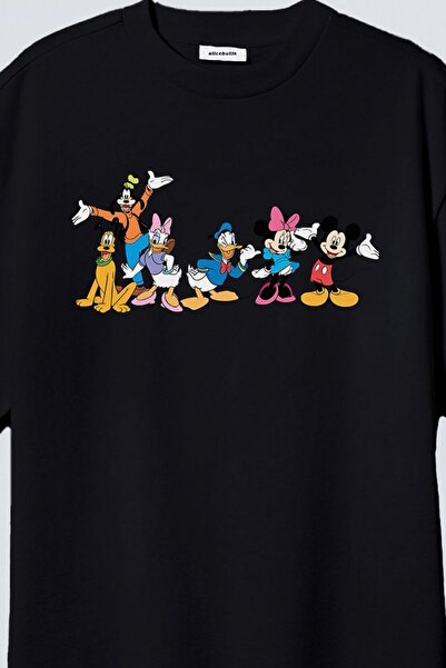 Mickey Mouse Colorful Team Printed Oversize Black Women's Cotton Combed Cotton T-Shirt