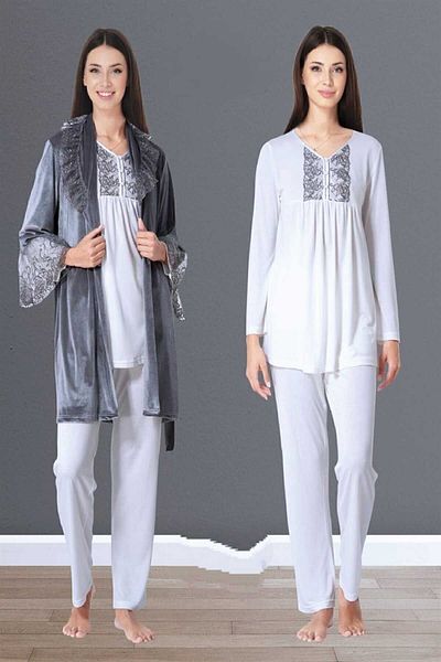 ByLohusa Effortt Gray Velvet Maternity Pajama Set with Dressing Gown