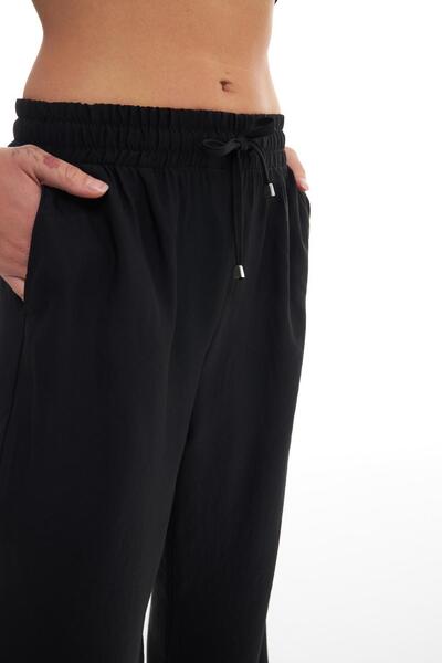 Quzu Beli Lastikli Bol Paça Pantolon Siyah