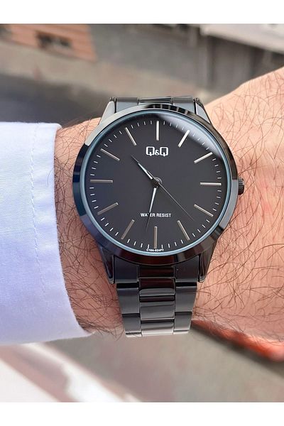 Q&Q Men's Quartz Wristwatch - 44 Mm, Metallic Black Steel Cord, Ion Coated Black Dial