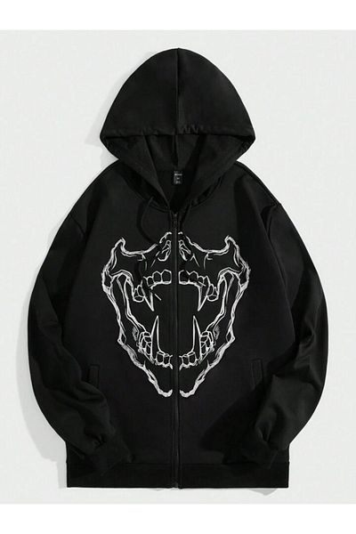 Boi Φούτερ Unisex Oversize με στάμπα μαύρου σε μύτη με σχέδιο μύτης - Χειμερινή ζακέτα με τσέπες και κουκούλα
