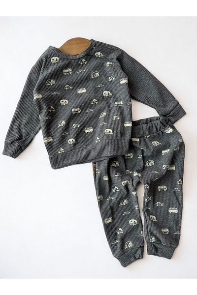 VOY KİDS Baby Boy Set Crew Neck Seasonal Long Sleeve Cars Printed Waffle Fabric Baby Set
