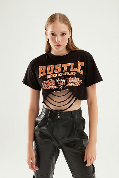 Quzu Černé tričko s potiskem Crop