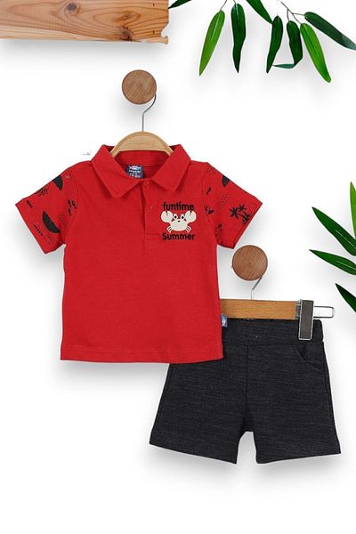voyyo kids baby Men's Summer Polo Collar Embroidered Woven Shorts Set for 6-24 Baby